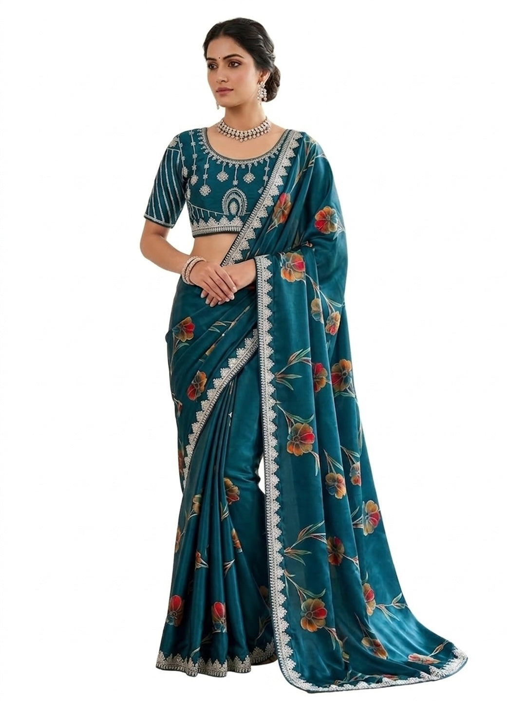 Peachmode Blue Rich Look Silk Saree with Printed and Embroidered Border Work - Image 6