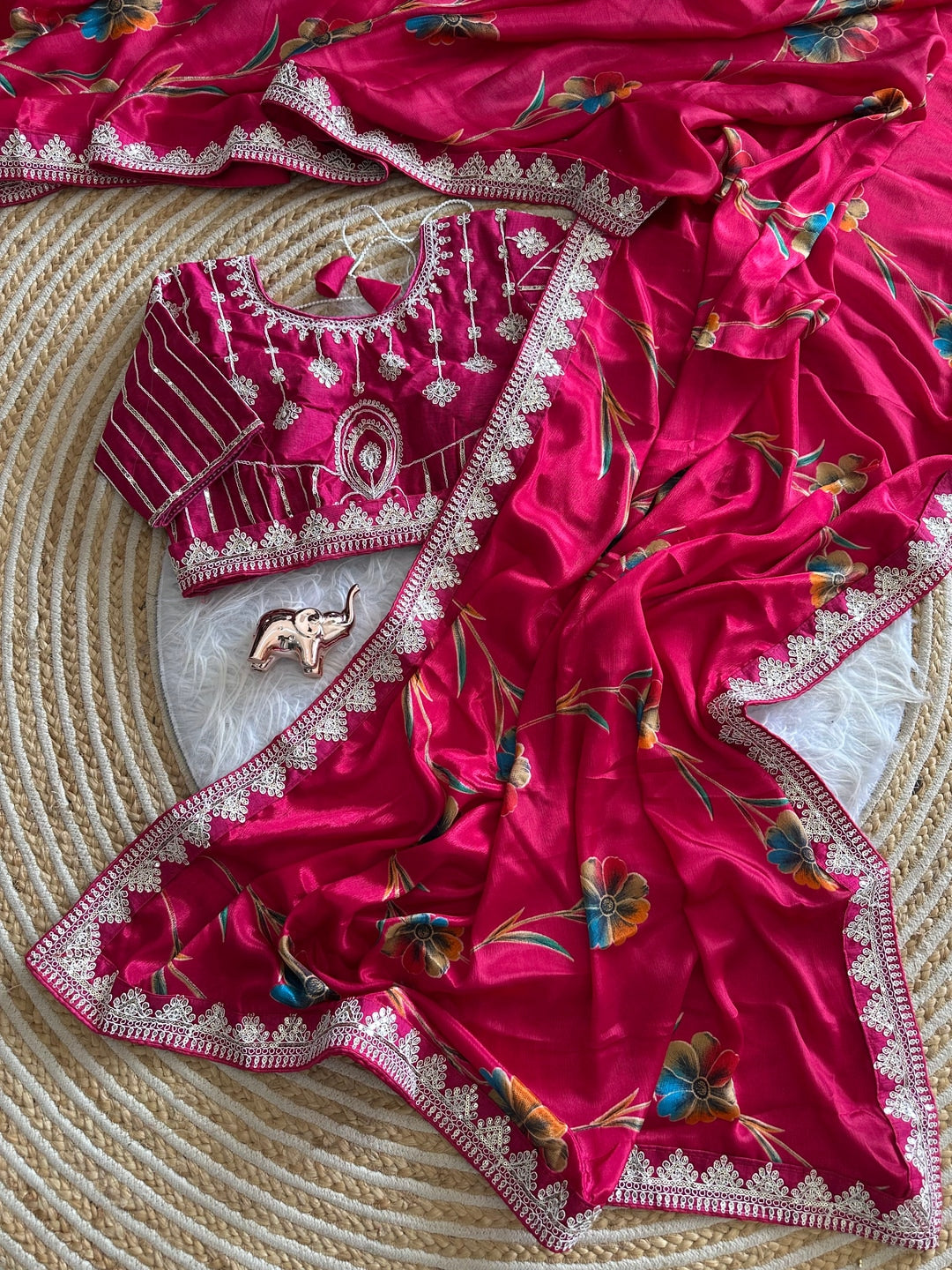 Peachmode Magenta Rich Look Silk Saree with Printed and Embroidered Border Work - Image 2