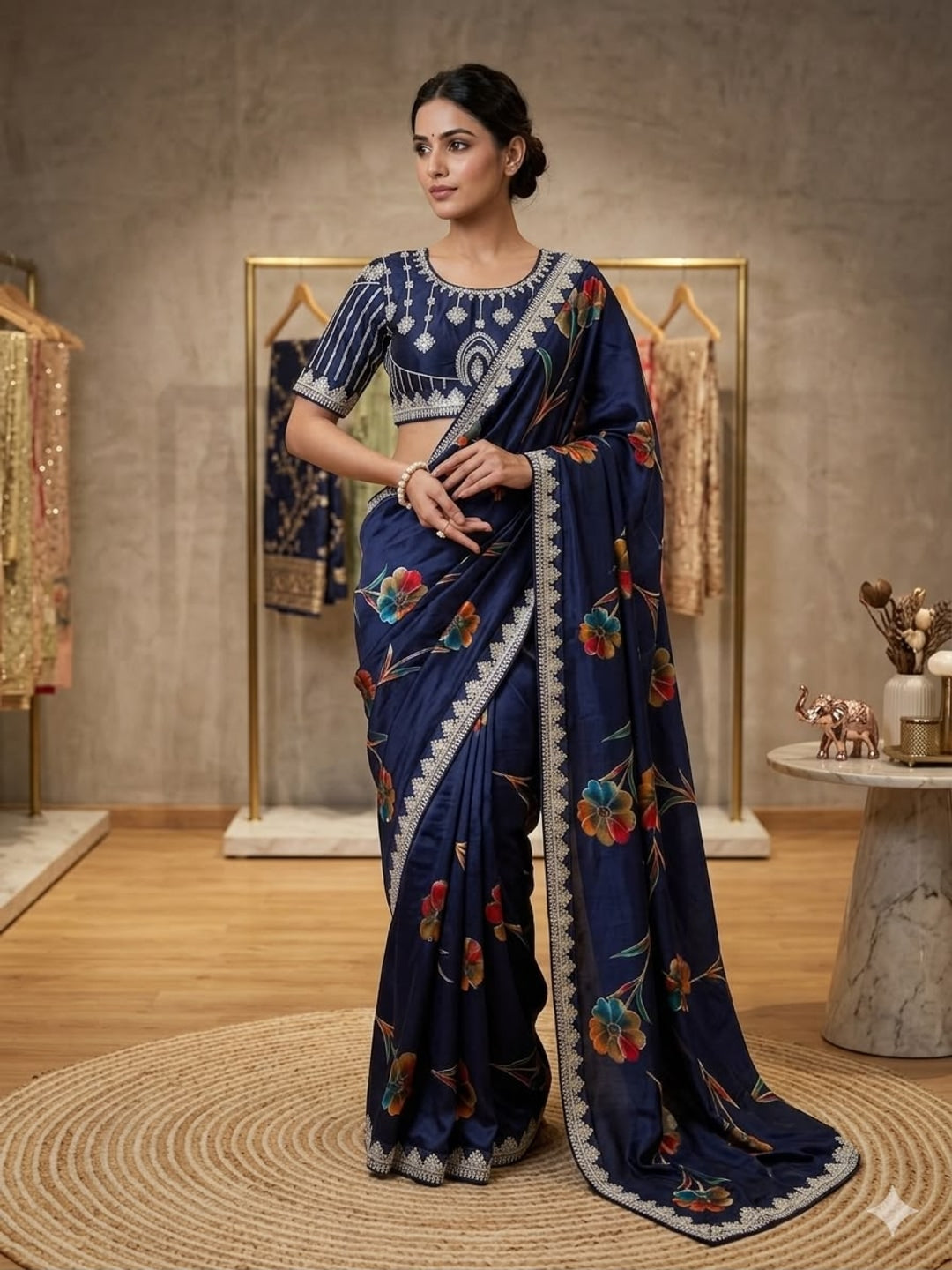 Peachmode Blue Rich Look Silk Saree with Printed and Embroidered Border Work - Image 1