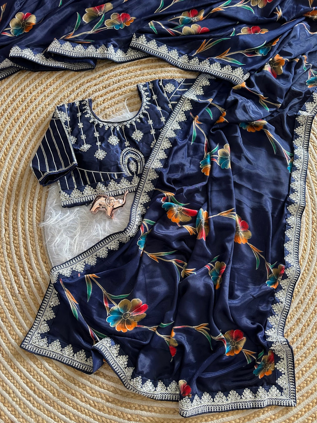 Peachmode Blue Rich Look Silk Saree with Printed and Embroidered Border Work - Image 2