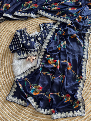 Peachmode Blue Rich Look Silk Saree with Printed and Embroidered Border Work - Image 2
