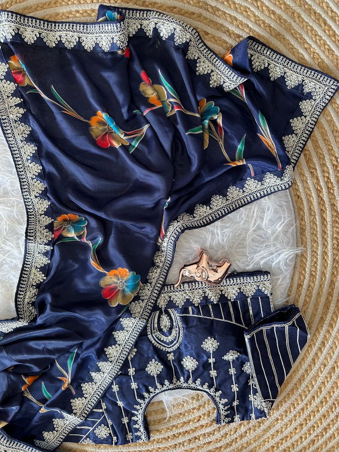 Peachmode Blue Rich Look Silk Saree with Printed and Embroidered Border Work - Image 4