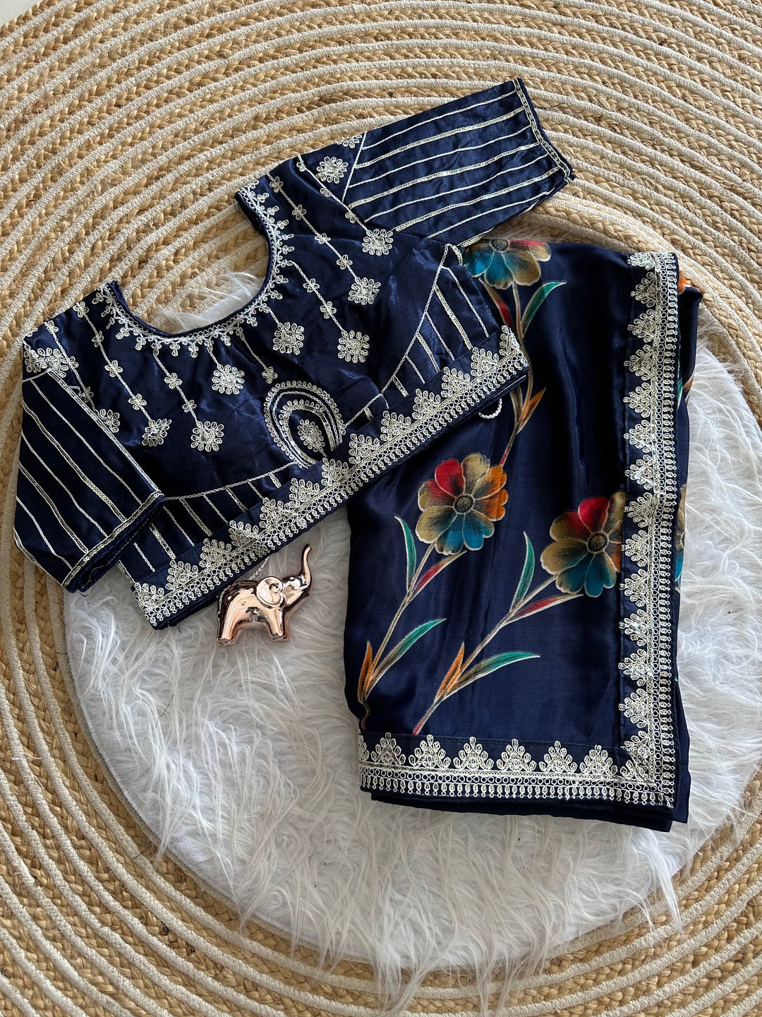 Peachmode Blue Rich Look Silk Saree with Printed and Embroidered Border Work - Image 5