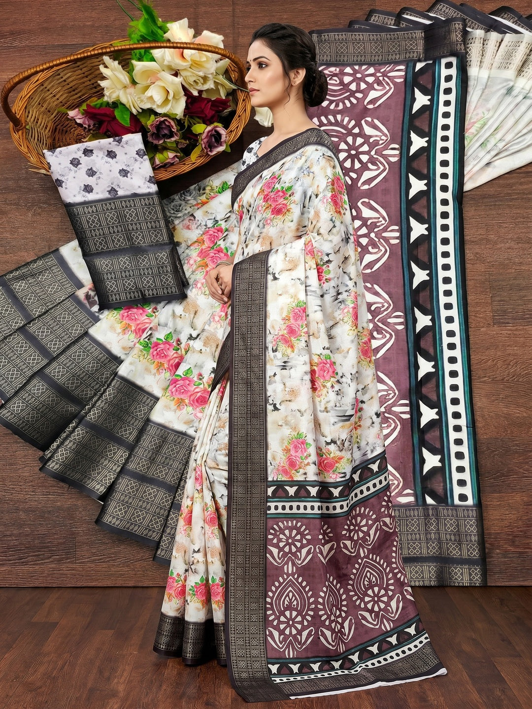 White & Black Floral Digital Printed Cotton Silk Saree - Image 3