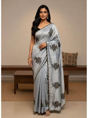 Peachmode Grey Rangoli Silk Saree with Mirror and Embroidery Work - Image 1