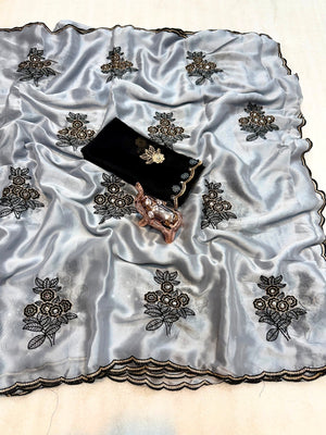 Peachmode Grey Rangoli Silk Saree with Mirror and Embroidery Work - Image 2
