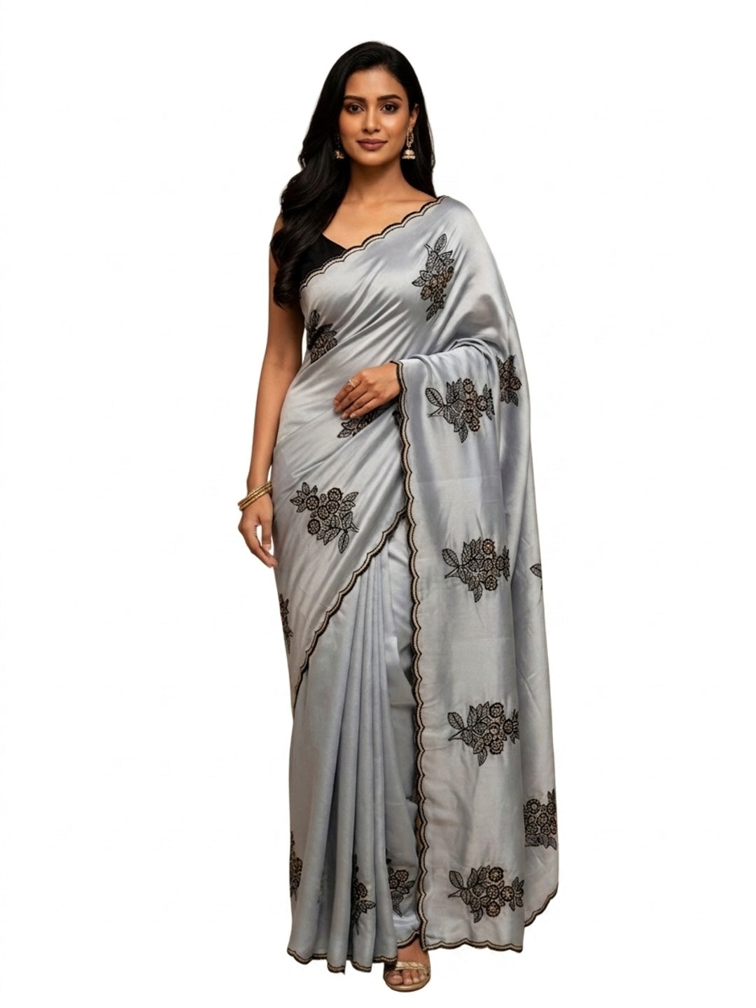 Peachmode Grey Rangoli Silk Saree with Mirror and Embroidery Work - Image 3