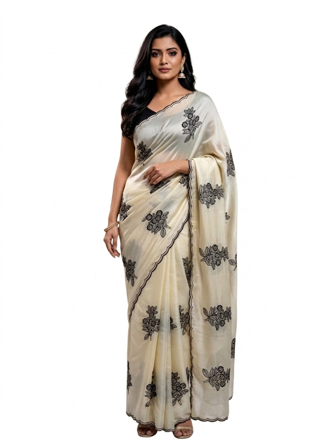 Peachmode Cream Rangoli Silk Saree with Mirror and Embroidery Work - Image 1
