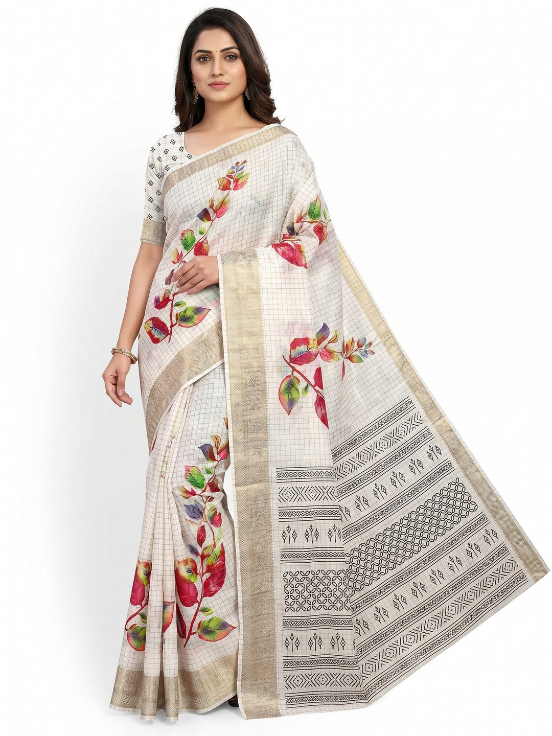 White Floral Printed With Woven Dola Silk Saree - Image 1
