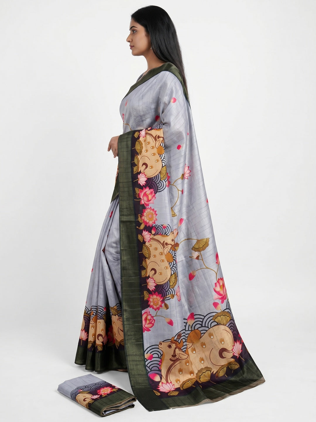 Grey & Black Floral Digital Printed Tussar Silk Saree - Image 3