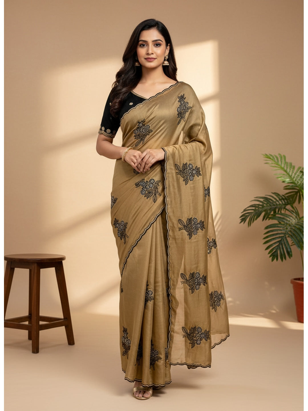 Peachmode Beige Rangoli Silk Saree with Mirror and Embroidery Work - Image 1