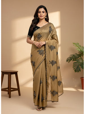 Peachmode Beige Rangoli Silk Saree with Mirror and Embroidery Work - Image 1