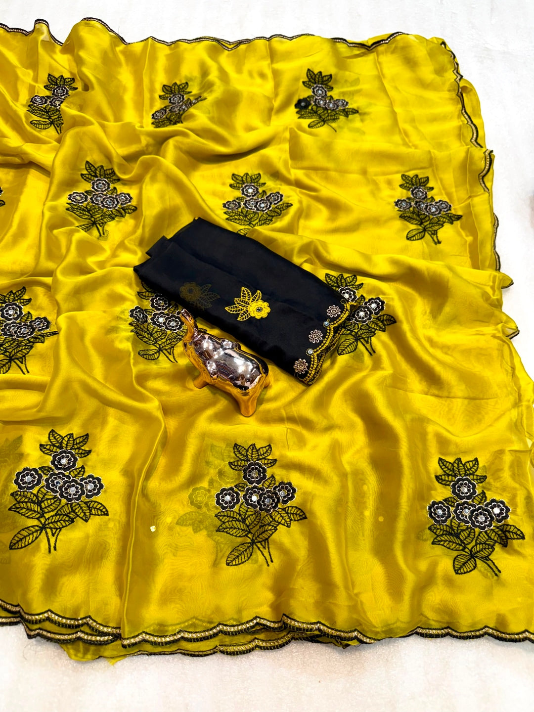 Peachmode Yellow Rangoli Silk Saree with Mirror and Embroidery Work - Image 3
