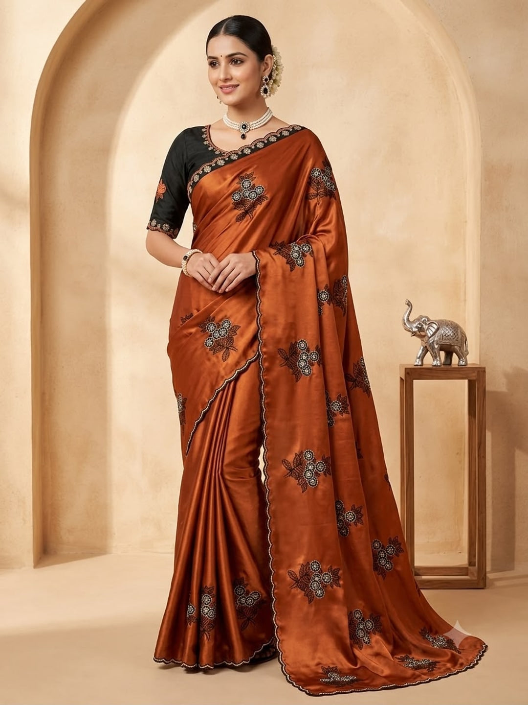 Peachmode Orange Rangoli Silk Saree with Mirror and Embroidery Work - Image 1