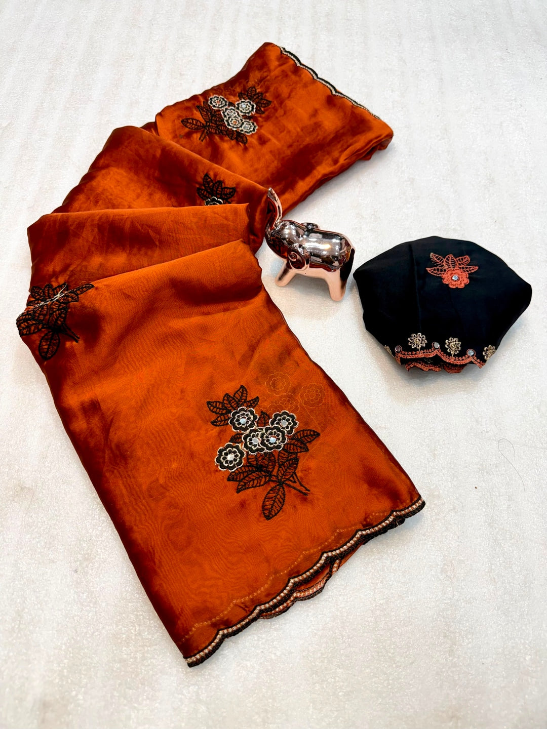 Peachmode Orange Rangoli Silk Saree with Mirror and Embroidery Work - Image 2