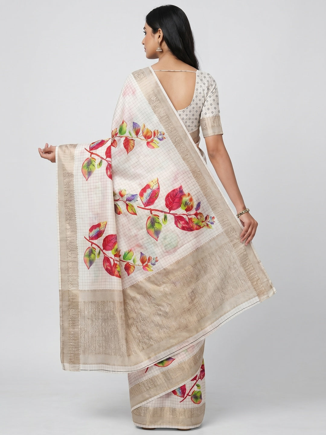 White Floral Printed With Woven Dola Silk Saree - Image 3