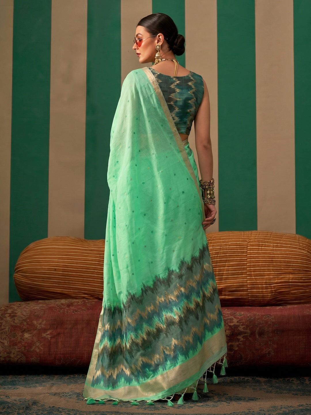 Mint Green Woven Cotton Silk Saree - Image 1