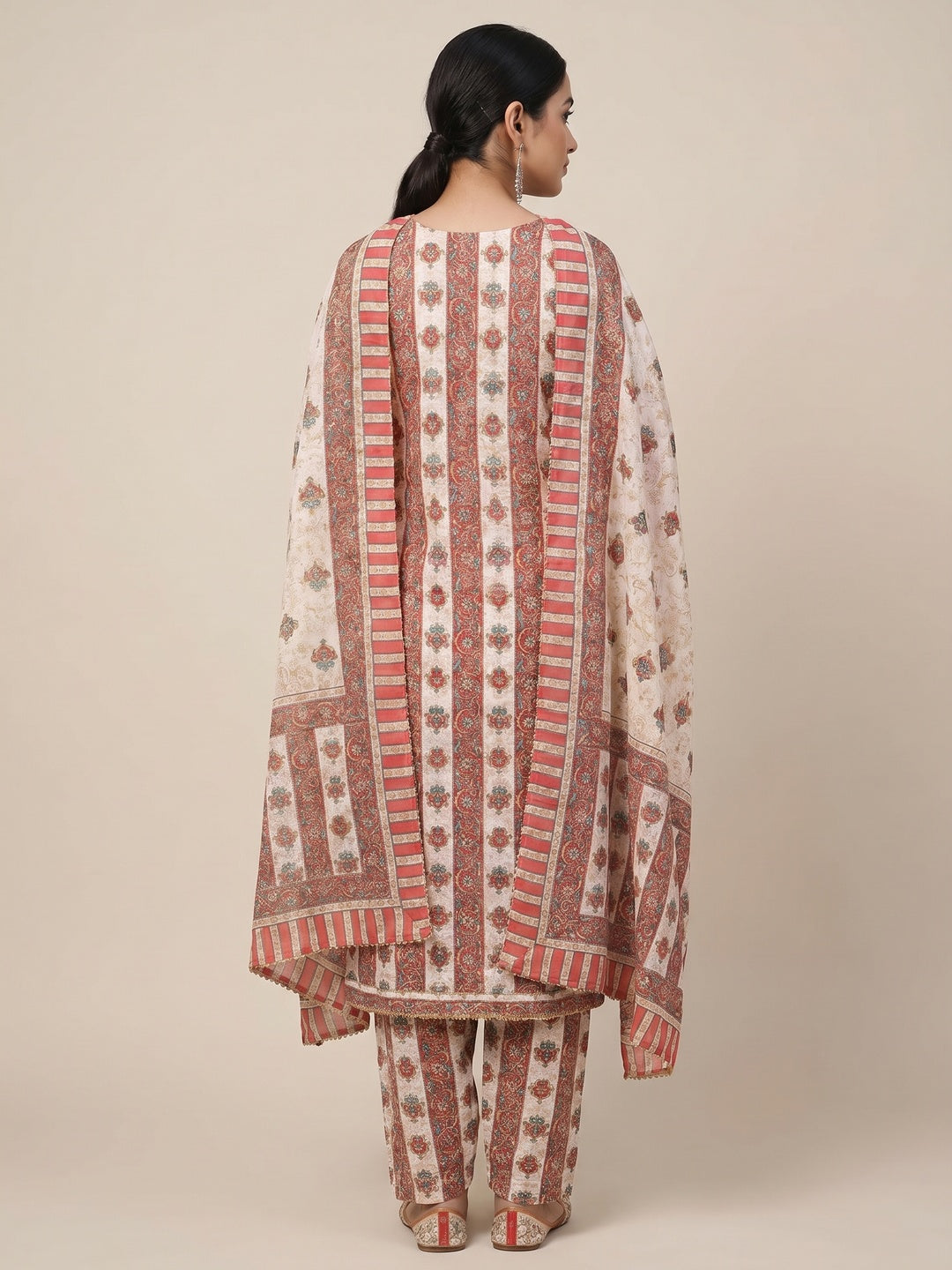 Red Floral Printed With Gota Patti Work Pure Cotton Dress Material - Image 2