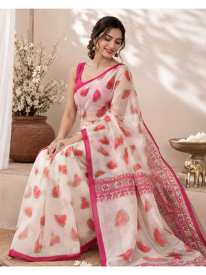 Peachmode Pink Soft Linen Saree with Lehariya fruit print - Image 1