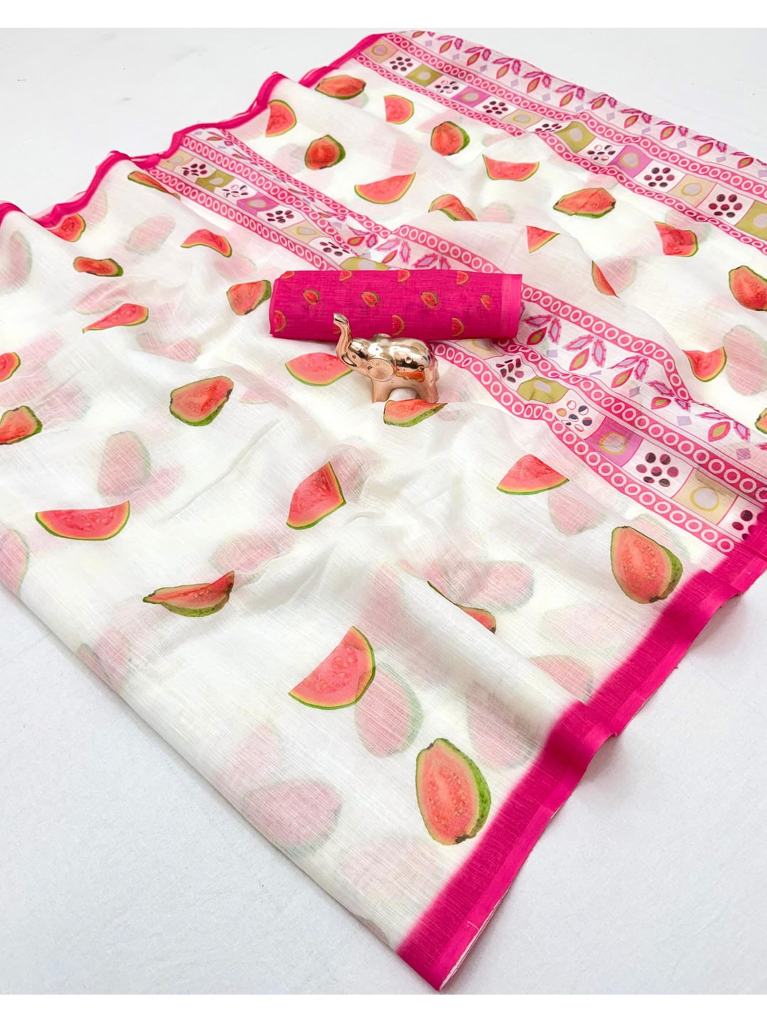 Peachmode Pink Soft Linen Saree with Lehariya fruit print - Image 2