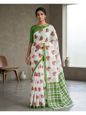 Peachmode Green Soft Linen Saree with Lehariya fruit print - Image 1
