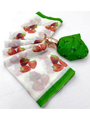 Peachmode Green Soft Linen Saree with Lehariya fruit print - Image 2