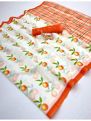 Peachmode Orange Soft Linen Saree with Lehariya fruit print - Image 2