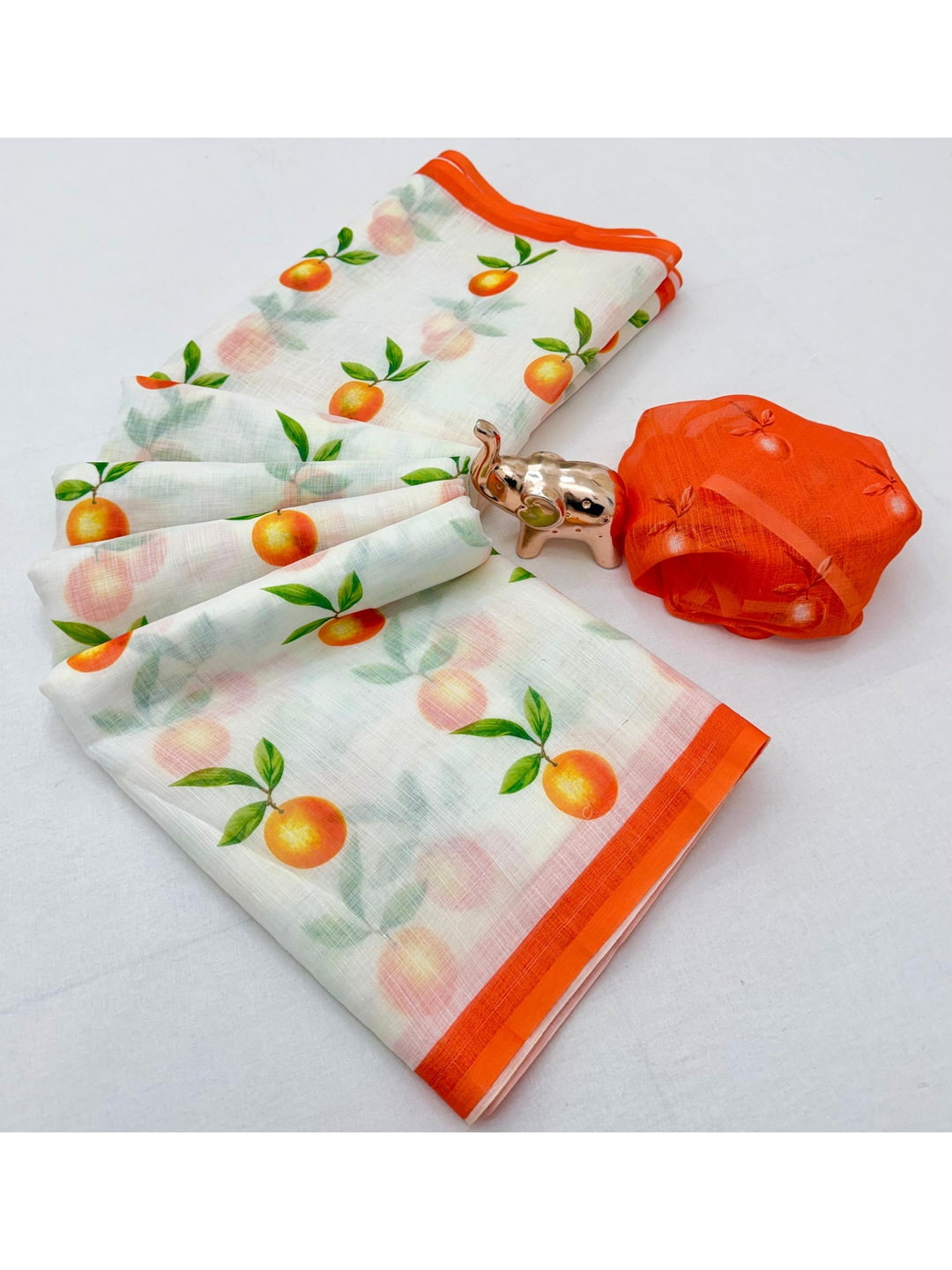 Peachmode Orange Soft Linen Saree with Lehariya fruit print - Image 3