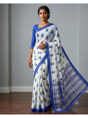 Peachmode Blue Soft Linen Saree with Lehariya fruit print - Image 1