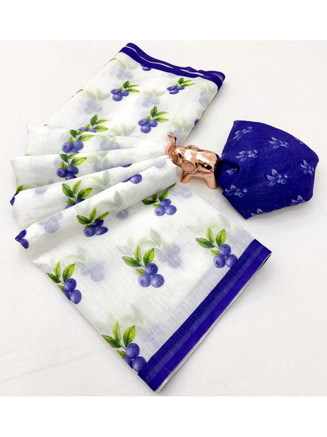 Peachmode Blue Soft Linen Saree with Lehariya fruit print - Image 2