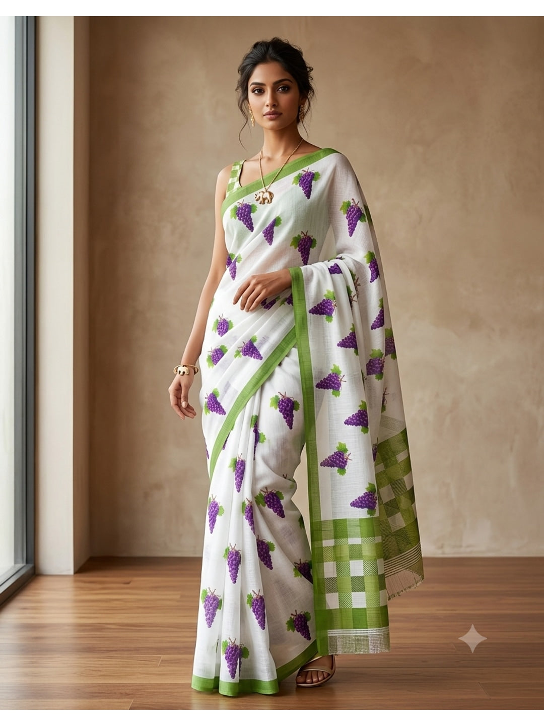 Peachmode Green & Purple Soft Linen Saree with Lehariya fruit print - Image 1