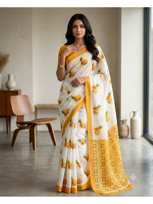 Peachmode Yellow Soft Linen Saree with Lehariya fruit print - Image 1