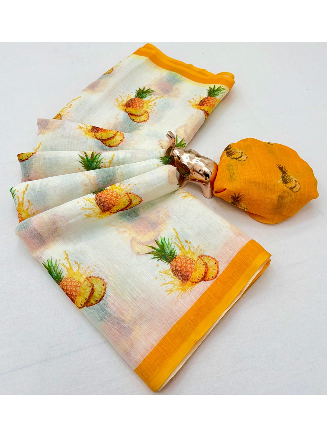 Peachmode Yellow Soft Linen Saree with Lehariya fruit print - Image 2