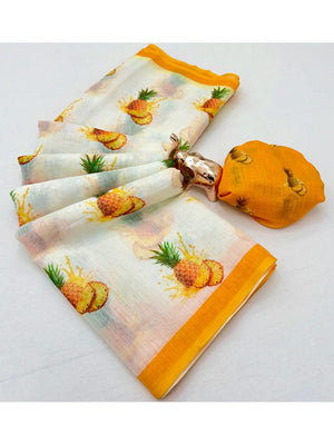 Peachmode Yellow Soft Linen Saree with Lehariya fruit print - Image 2