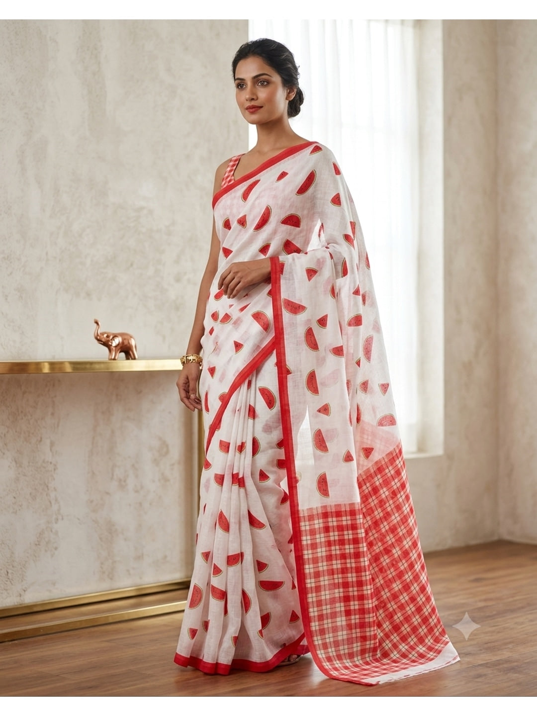 Peachmode Red Soft Linen Saree with Lehariya fruit print - Image 1