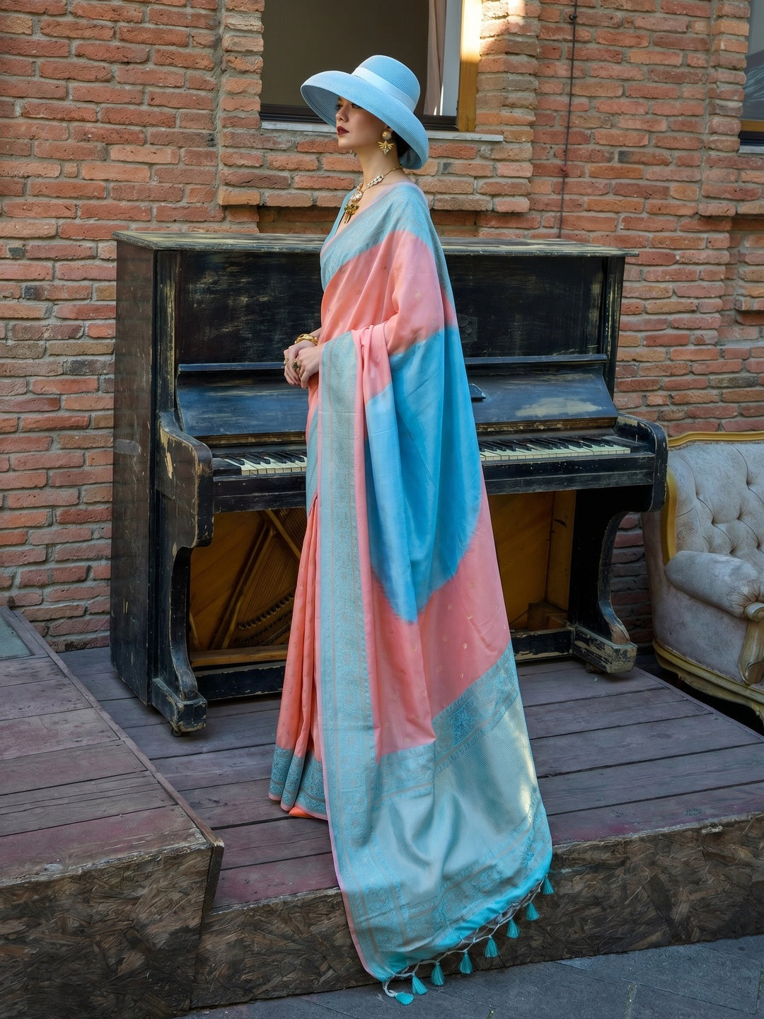 Peach & Blue Zari Butti Work Banarasi Silk Saree - Image 1