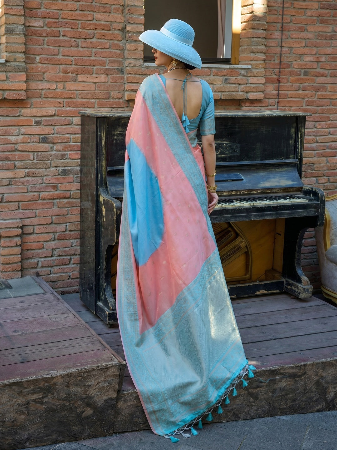 Peach & Blue Zari Butti Work Banarasi Silk Saree - Image 2