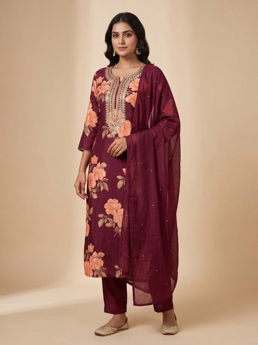 Wine Floral Printed With Handwork Cotton Silk Dress Material - Image 1