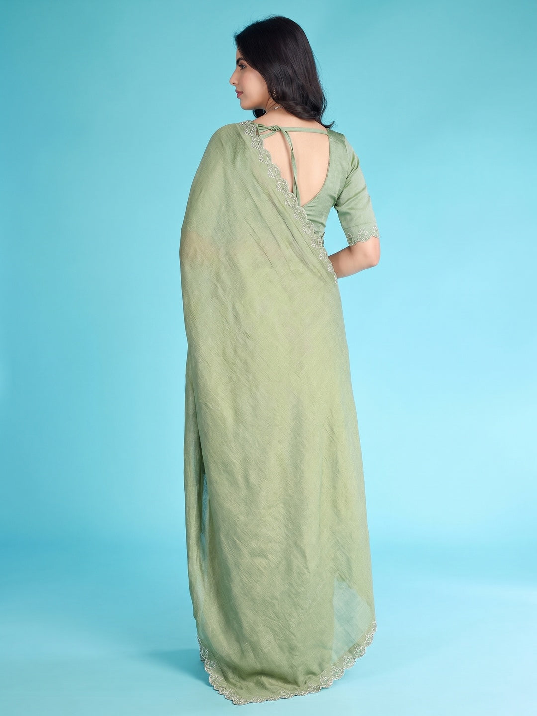 Green Solid With Zarkan & Pearl Diamond Lace Khadi Shimmer Saree - Image 1