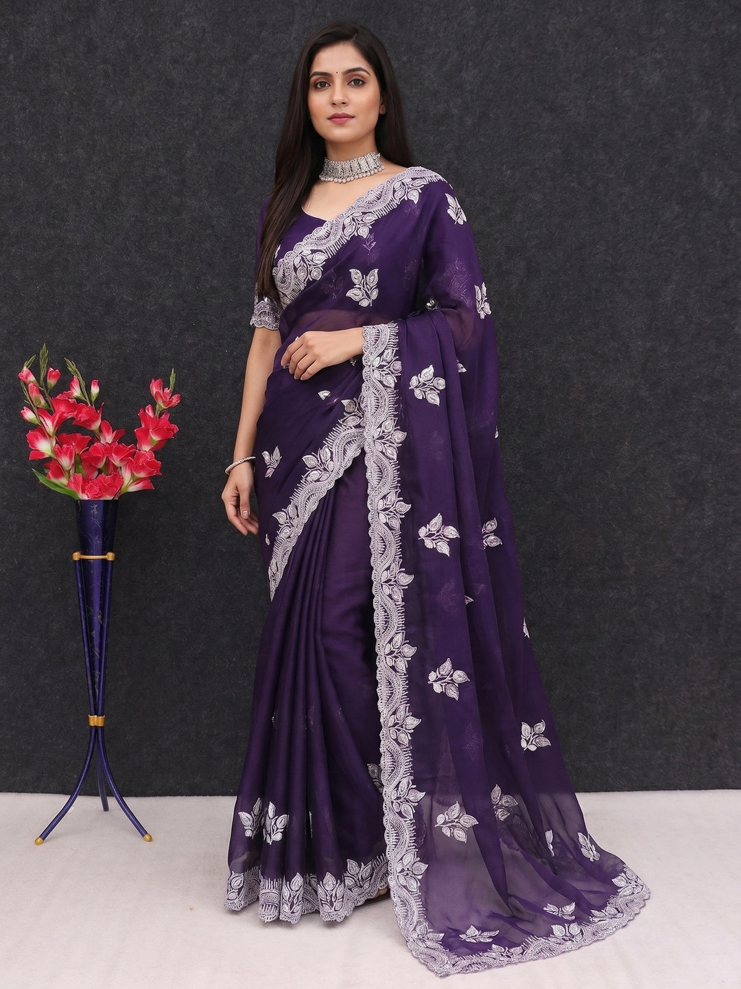 Purple Sequins Embroidered Chiffon Saree - Image 1