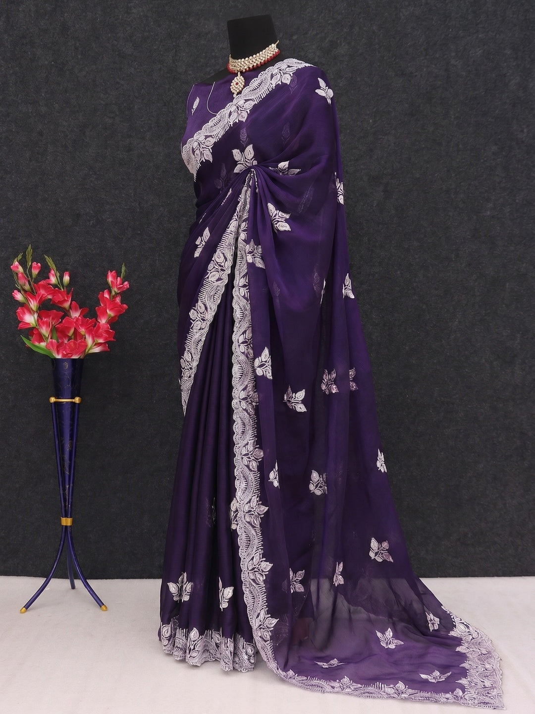 Purple Sequins Embroidered Chiffon Saree - Image 2