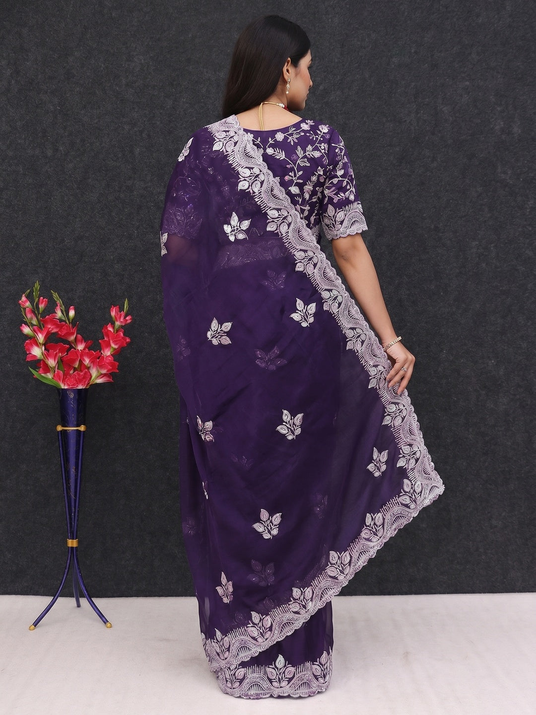 Purple Sequins Embroidered Chiffon Saree - Image 3