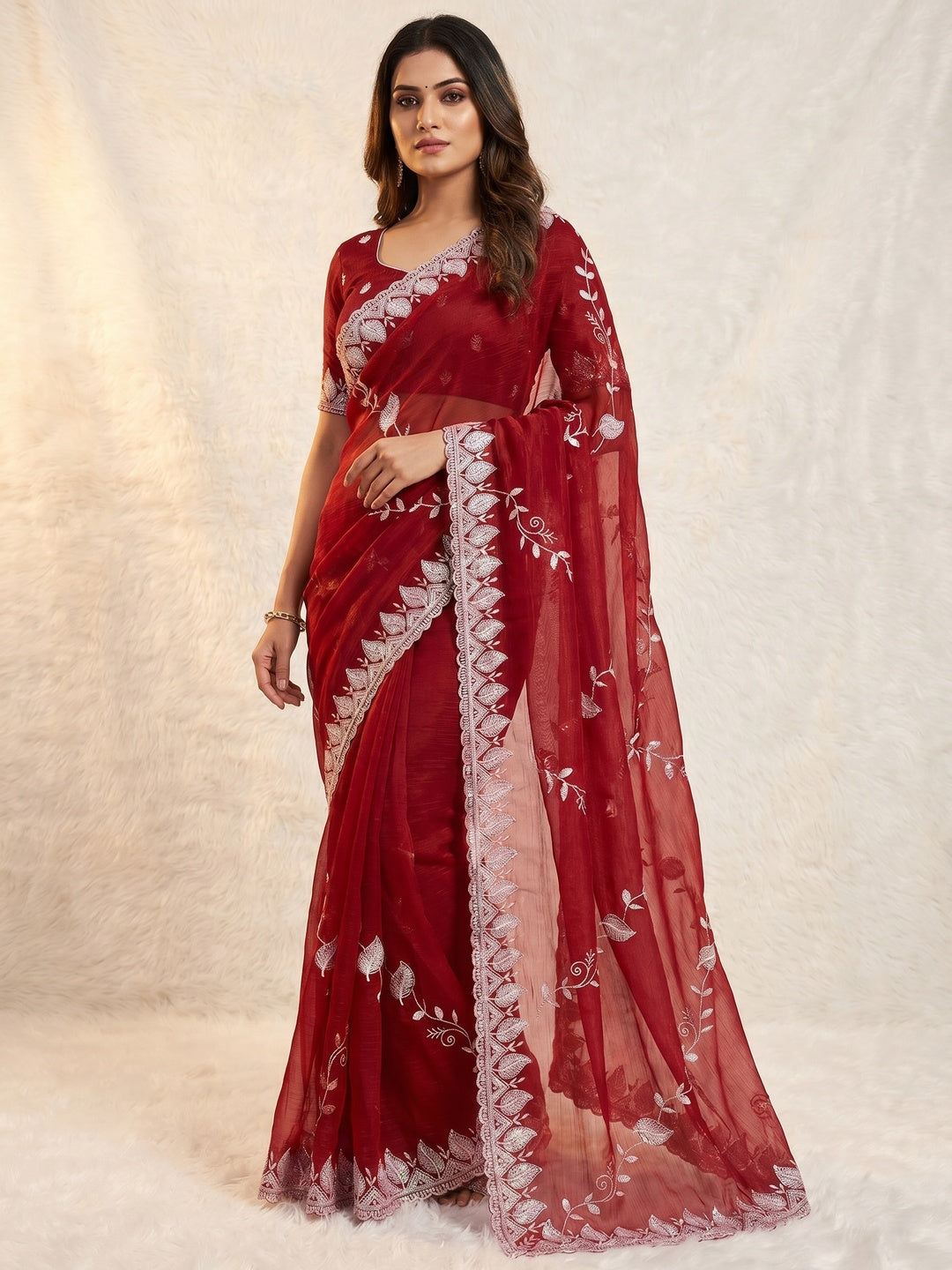 Maroon Sequins Embroidered Chiffon Saree - Image 1