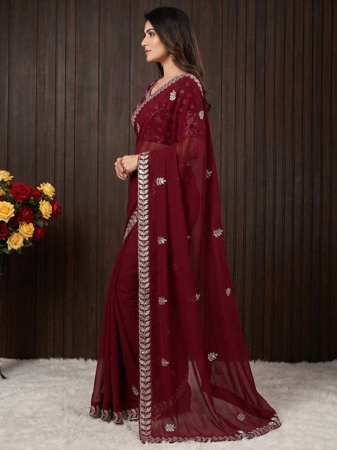 Maroon Sequins Embroidered Chiffon Saree - Image 2