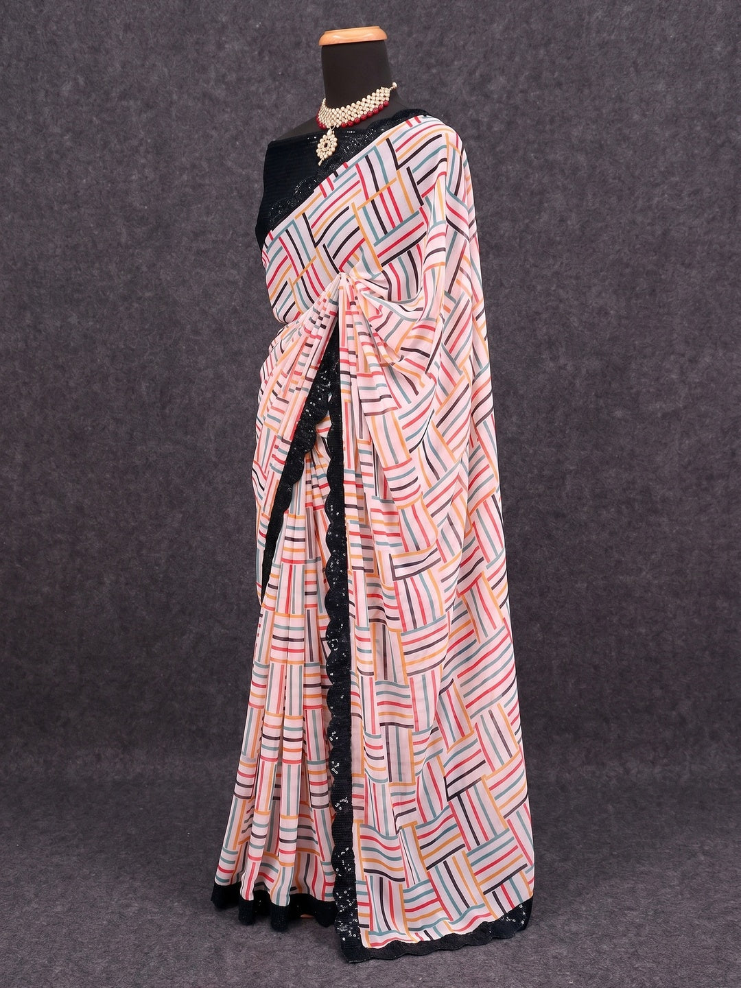 White Printed Georgette Saree With Sequins Border - Image 3