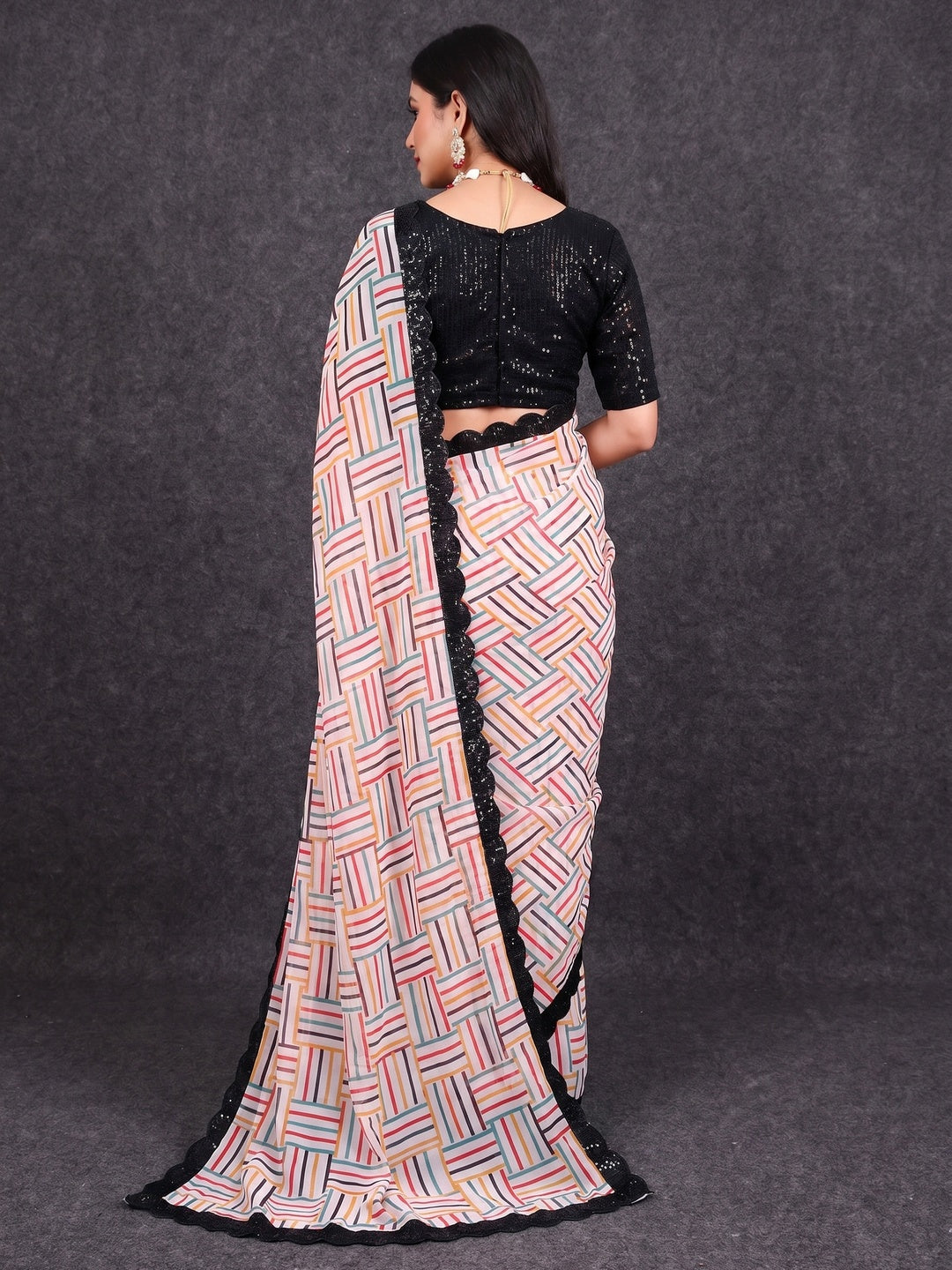 White Printed Georgette Saree With Sequins Border - Image 2