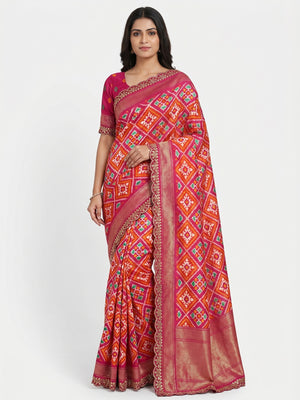 Pink Ikkat Printed Dola Silk Saree With Sequins Embroidery Border - Image 1
