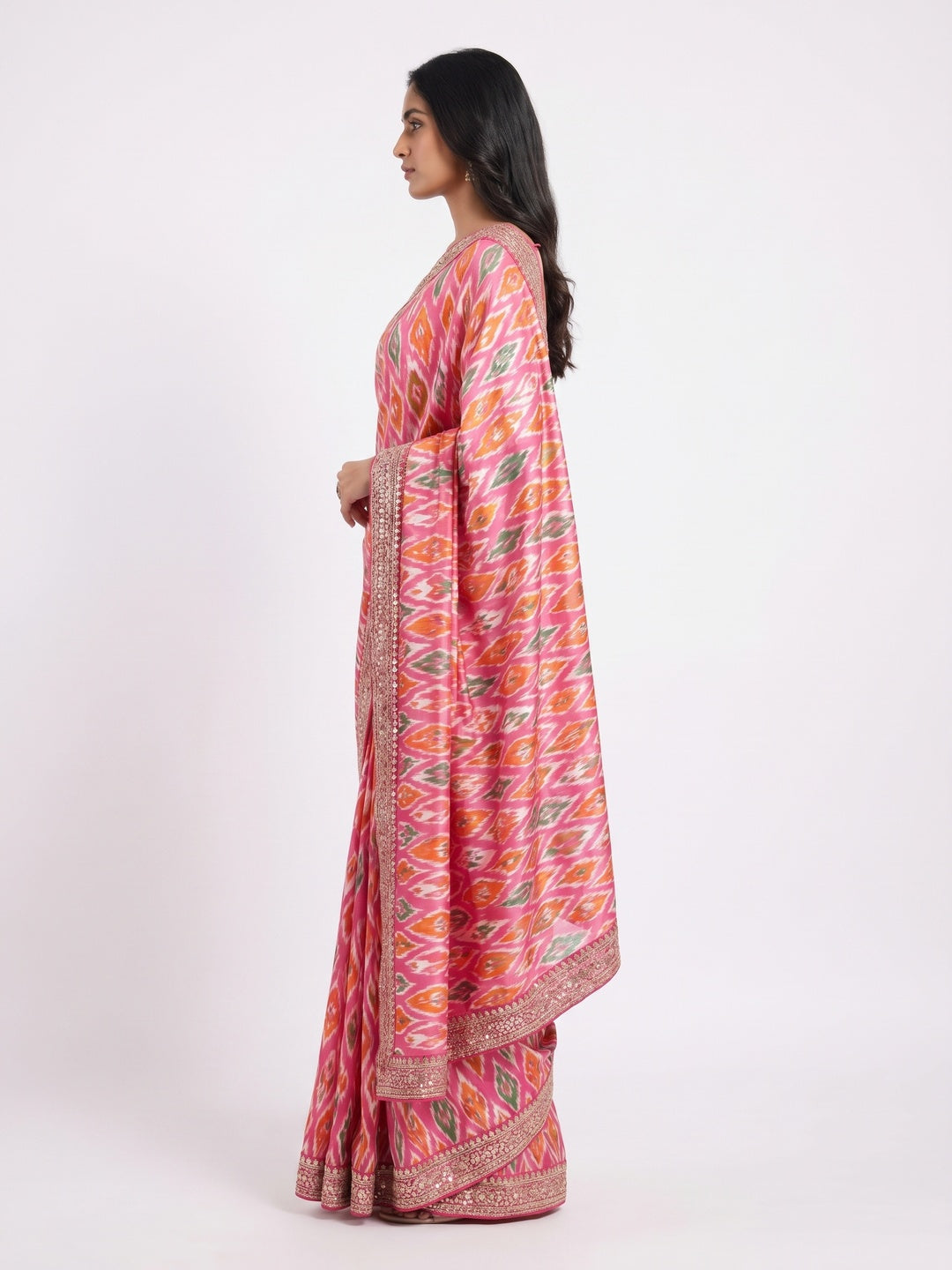 Pink Ikkat Printed Dola Silk Saree With Sequins Embroidery Border - Image 2