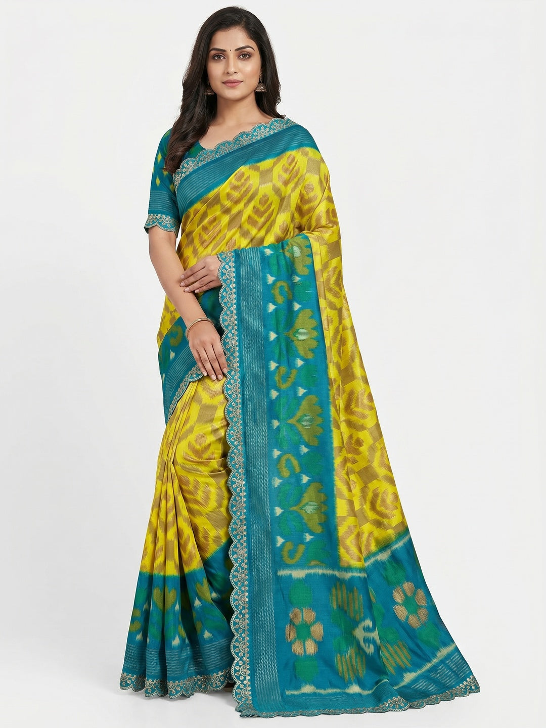 Lemon Yellow Ikkat Printed Dola Silk Saree With Sequins Embroidery Border - Image 1