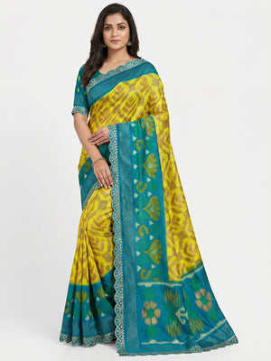 Lemon Yellow Ikkat Printed Dola Silk Saree With Sequins Embroidery Border - Image 1